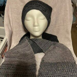 New Hand-Crocheted Black to Gray Ombre Hat (22-27" Circumference) and Scarf (6.5